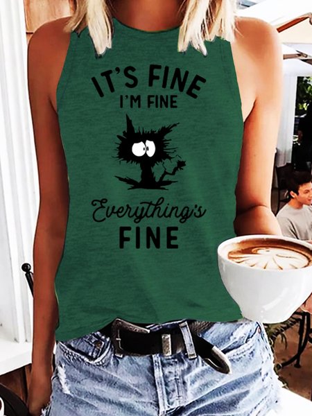 

Womens It's Fine I'm Fine Everything Is Fine Funny Cat Sarcastic Tank & Cami, Green, Tank Tops