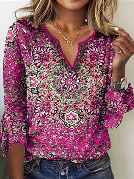 

Women's Red Geometric Printed Long Sleeve V Neck ethnic style t-shirt, Purple, T-Shirts