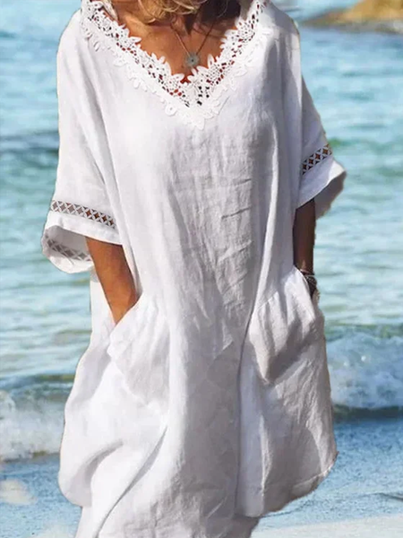 Women's Lace Hollow V Neck Beach Cotton Linen Dress, White, Dresses