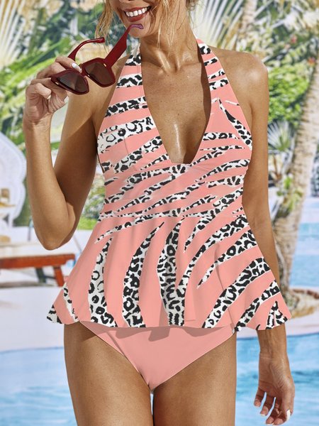 

Casual Leopard Printing V Neck Tankini, Pink, swimwear>>Tankinis