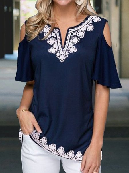 

Ethnic Loose V Neck Elegant Cold Shoulder Shirt, Dark blue, Shirts & Blouses