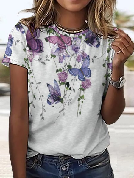 

Women's Butterfly Simple Crew Neck Loose T-Shirt, Purple, T-shirts