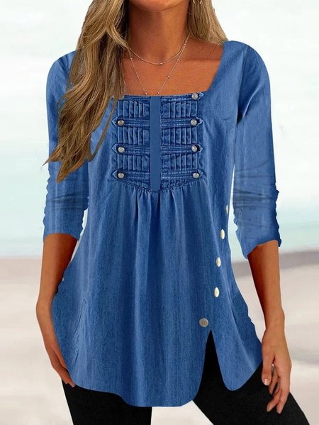 

Loose Casual Plain Square Neck Top, Blue, Shirts & Blouses