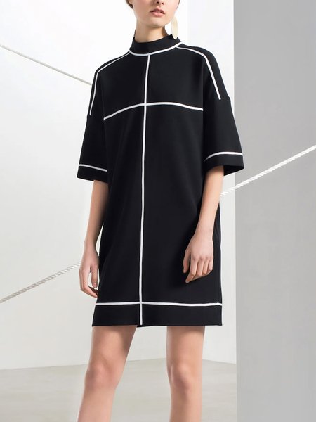 

Loose Stand Collar Casual Half sleeve Dress, Black, Mini Dresses