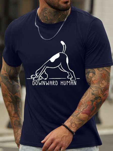 Men’s Downward Human Dog Casual Crew Neck Regular Fit T-Shirt, Deep blue, T-shirts