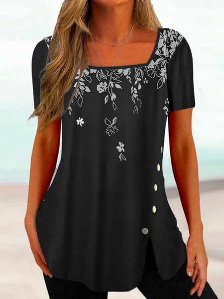 

Floral Square Neck Loose Boho Top, Black, Shirts & Blouses