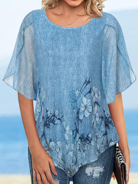 Crew Neck Regular Fit Floral Casual Shirt, Blue, Shirts & Blouses