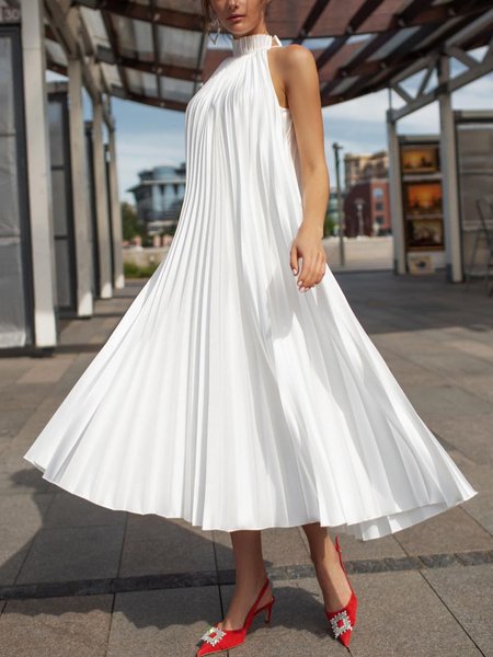 

Loose Plain Elegant Stand Collar Dress, White, Maxi Dresses