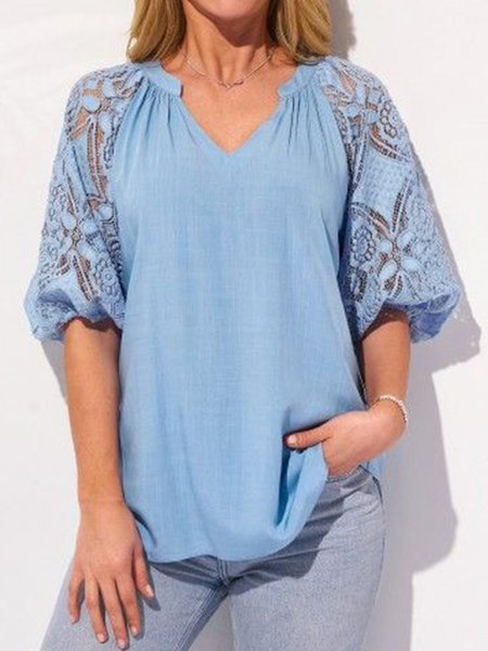 

Lace V Neck Elegant Shirt, Blue, Shirts & Blouses