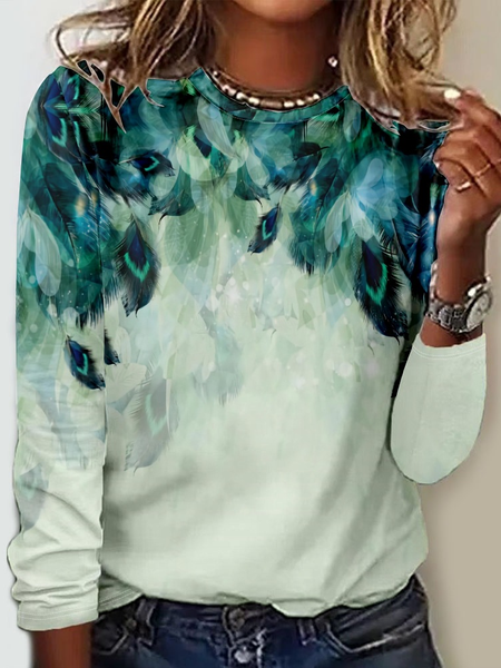

Women's Art Print Casual Crew Neck Shirt, Green, Long sleeves