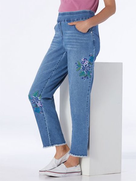 

Floral Denim Loose Casual Jeans, Blue, Pants