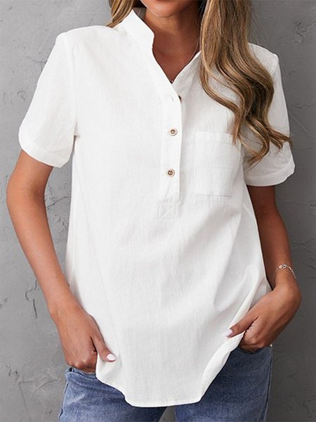 

Women Casual Plain Cotton Loose V Neck Buttoned Short Sleeve Blouse, White, Blouses & Shirts