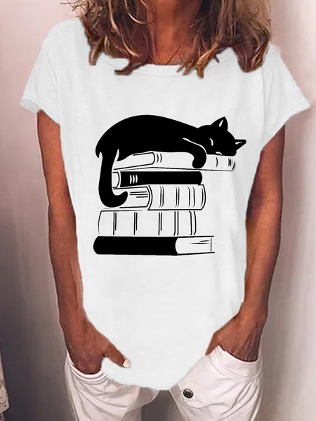 

Women's Funny Cat Book Casual Crew Neck T-Shirt, White, T-shirts