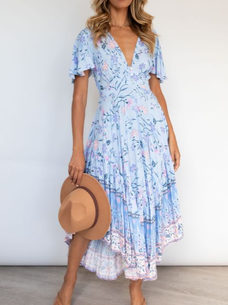 

V Neck Boho Floral Dress, Blue, Dresses