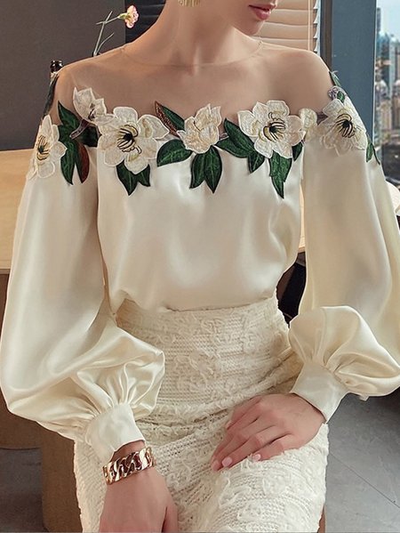 Crew Neck Elegant Long Sleeve Floral Blouse, Off white, Blouses and Shirts
