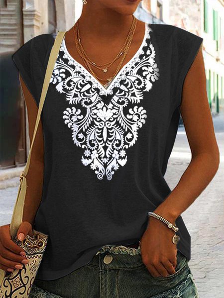 

Loose Casual Ethnic Knitted T-Shirt, Black, T-Shirts