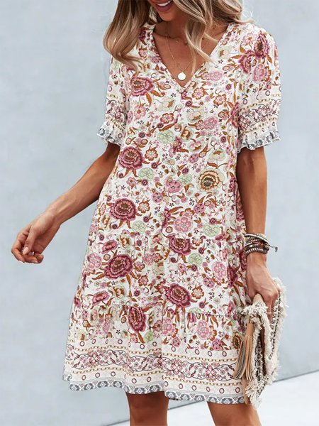 

Vacation Loose V Neck Floral Dress, Red, Dresses