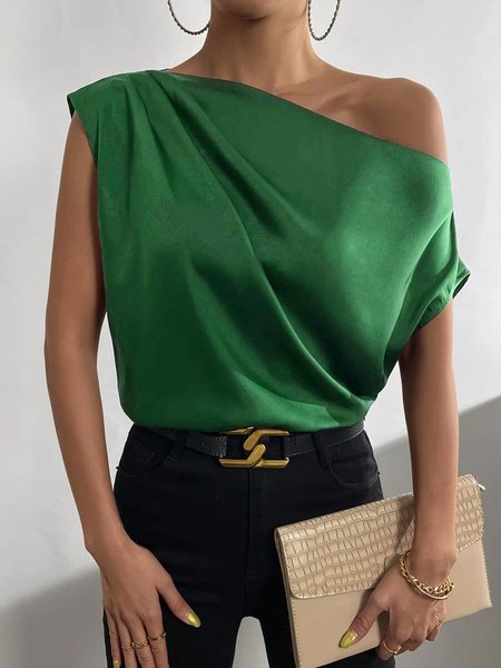 

Daily Elegant Plain One Shoulder Shirt, Green, Blouses and Shirts