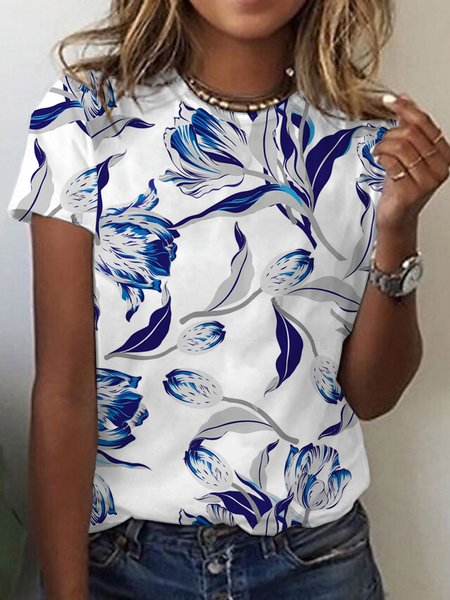 Floral Crew Neck Casual T-Shirt, White, T-Shirts