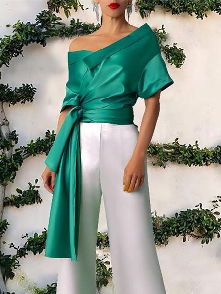 

Regular Fit Plain Elegant Half sleeve Shirt, Green, Blouses and Shirts