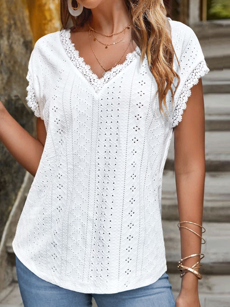 

Casual Lace Knitted V Neck T-Shirt, White, T-Shirts