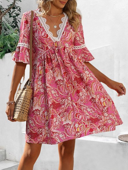 

V Neck Paisley Casual Lace Dress, Red, Dresses