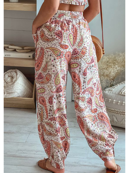 Vacation Loose Cashew Flowers Pants, White, Pants