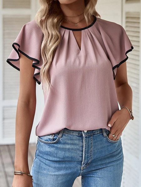 

Contrast Binding Keyhole Neckline Butterfly Sleeve Blouse, Pink, Shirts & Blouses