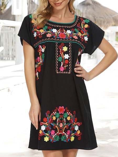 

Crew Neck Vacation Ethnic Cotton Dress, Blue, Dresses