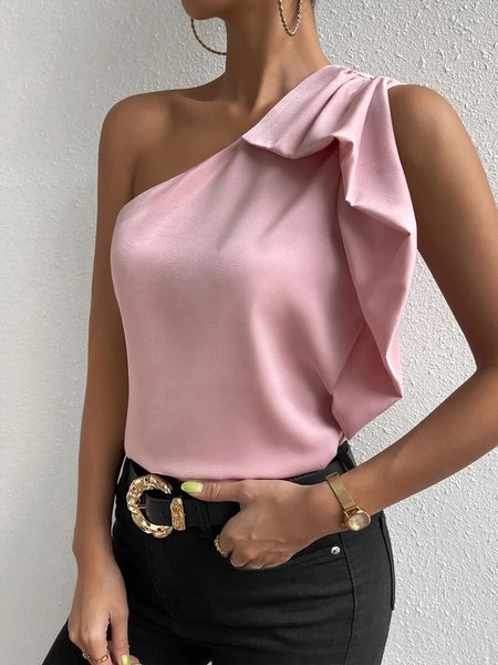 

Daily One Shoulder Plain Elegant Shirt, Pink, Blouses and Shirts