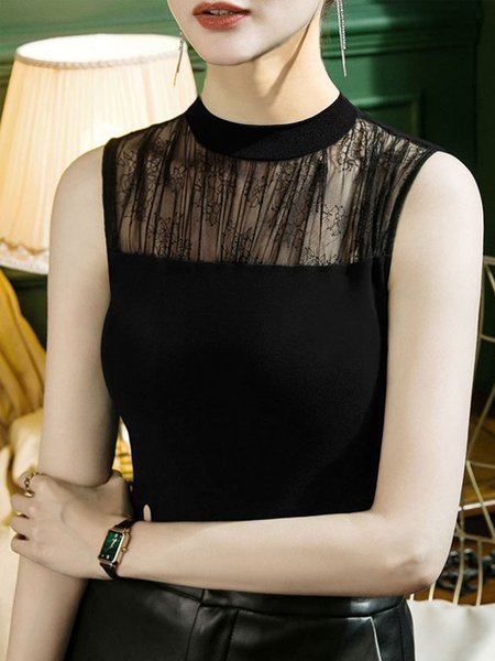 

Lace Urban Regular Fit Plain Sleeveless T-Shirt, Black, Tees