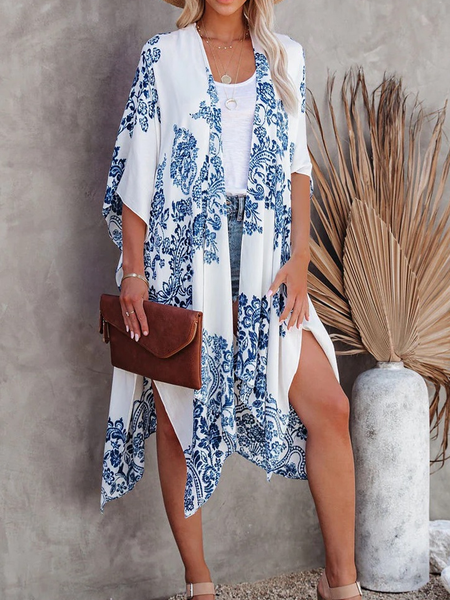 

LooseVacation V Neck Short sleeve Mid-long Kimono, Blue, Others