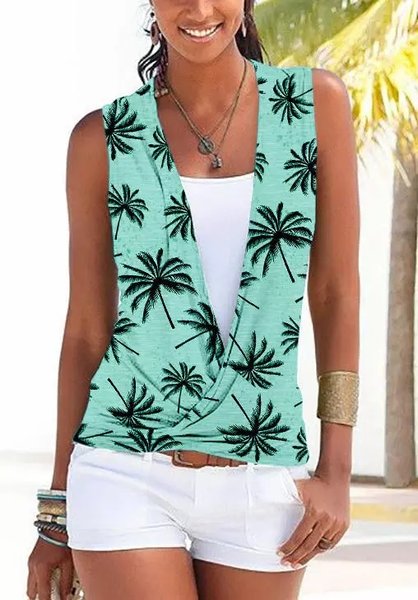 

Casual Others Loose Coconut Tree Tank Top, Green, Tanks & Camis