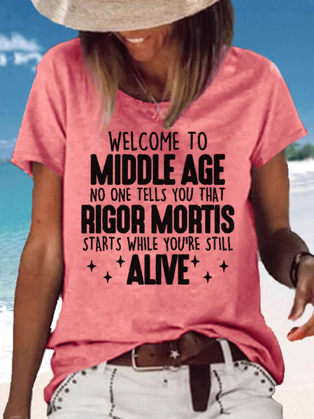 

Women's Welcome to Middle Age Funny Casual Crew Neck T-Shirt, Red, T-shirts
