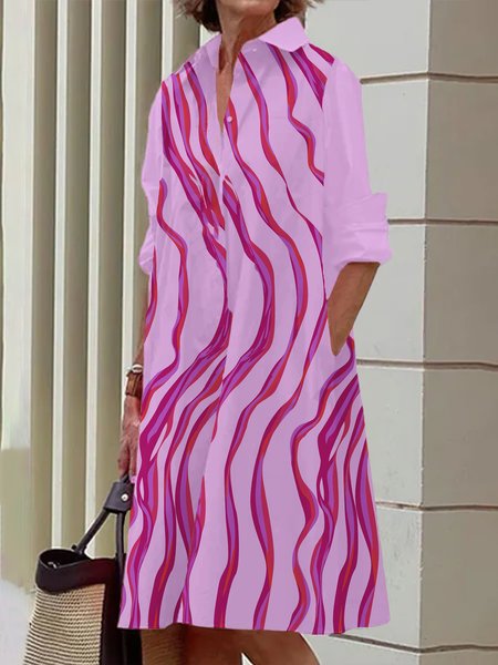 

Daily Abstract Stripes Shirt Collar Urban Dress, White, Midi Dresses