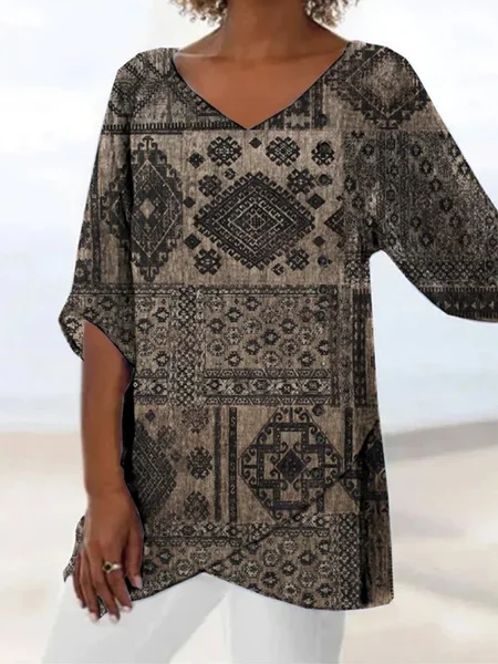 

Ethnic V Neck Vintage Loose Shirt, Deep gray, Shirts & Blouses
