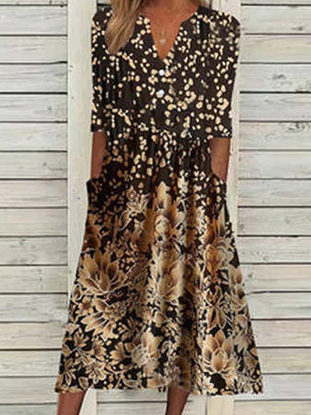 

Knitted Notched Floral Casual Dress, Black, Dresses