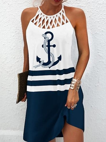

Casual Loose Color Block Halter Dress, Blue, Dresses