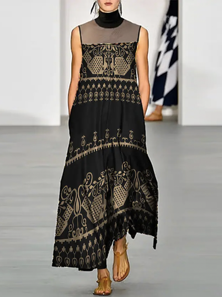 

Ethnic Stand Collar Ethnic Loose Dress, Black, Dresses