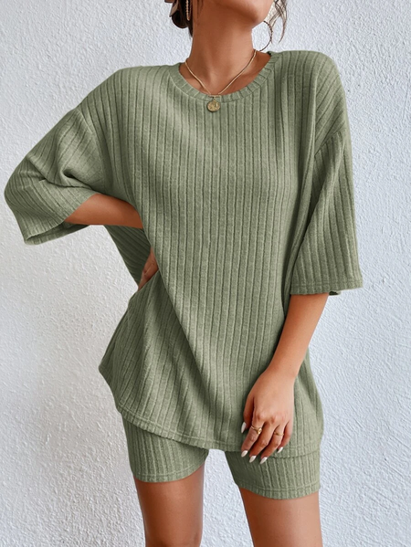 

Plain Casual Crew Neck Loose Drop Shoulder Two-Piece Set, Green, Tops