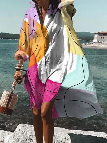 

Loose Shirt Collar Abstract Print Dress, Multicolor, Mini Dresses