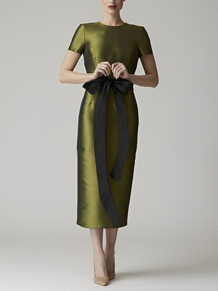 

Crew Neck Regular Fit Elegant Plain Midi Dress, Green, Midi Dresses
