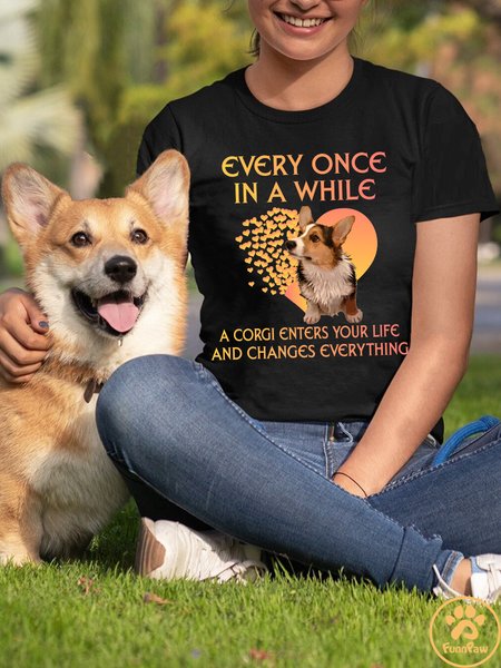 

Lilicloth X Funnpaw Women's Every Once In A While A Corgi Enters Your Life And Changes Everything T-Shirt, Black, T-shirts
