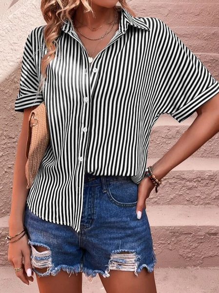 

Loose Shirt Collar Casual Striped Blouse, Black, Shirts & Blouses