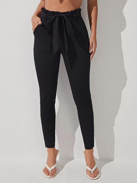 

High-Elastic Plain Regular Fit Casual Waist Belted Pants, Black, Pants