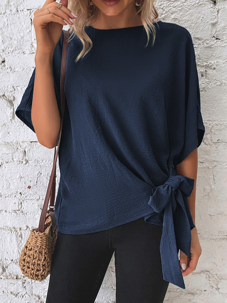 

Plain Casual Crew Neck Tie Knot Front Tunic Top, Dark blue, Tunics