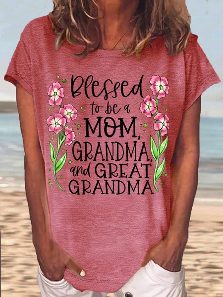 

Women's Blessed to Be a Mom Grandma and Great Grandma Casual Crew Neck Letters T-Shirt, Red, T-shirts
