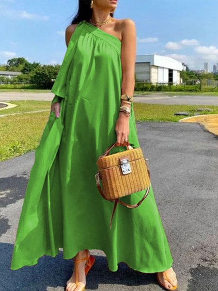 

Vacation Cold Shoulder Pockets Loose Plain Dress, Green, Maxi Dresses