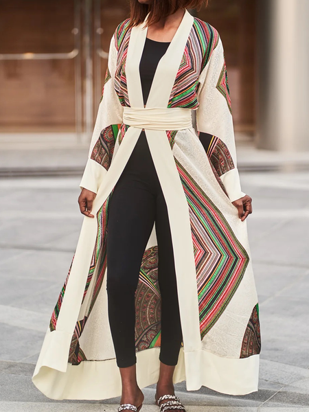 

Geometric V Neck Long sleeve Urban Loose Long Kimono, As picture, Kimonos