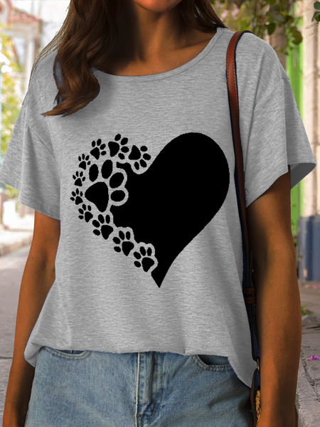 

Women's Funny Paw Love Print Casual Crew Neck T-Shirt, Gray, T-shirts